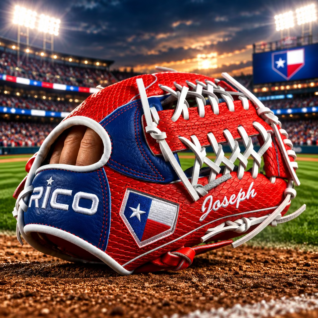 11.50 inch youth Prime Series (9-11 year old) with name on thumb, right hand thrower, red, white, blue with Texas flag on thumb.