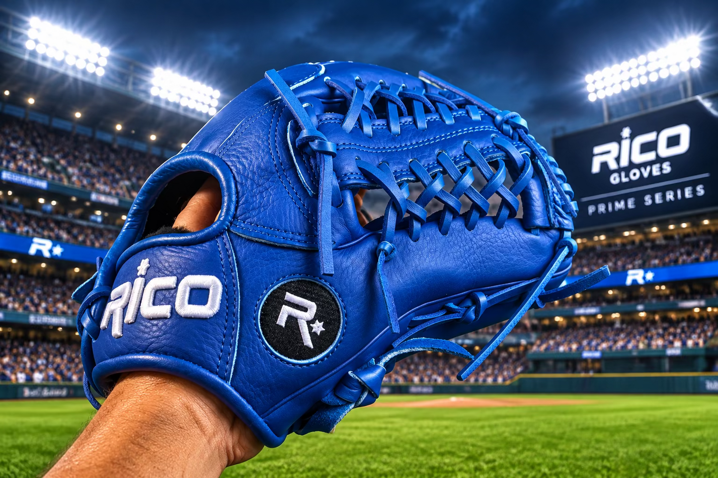 11.50 inch Prime Series Youth (9-11 years old), right hand thrower, royal blue shell and laces, Rico logo direct stitch in white.