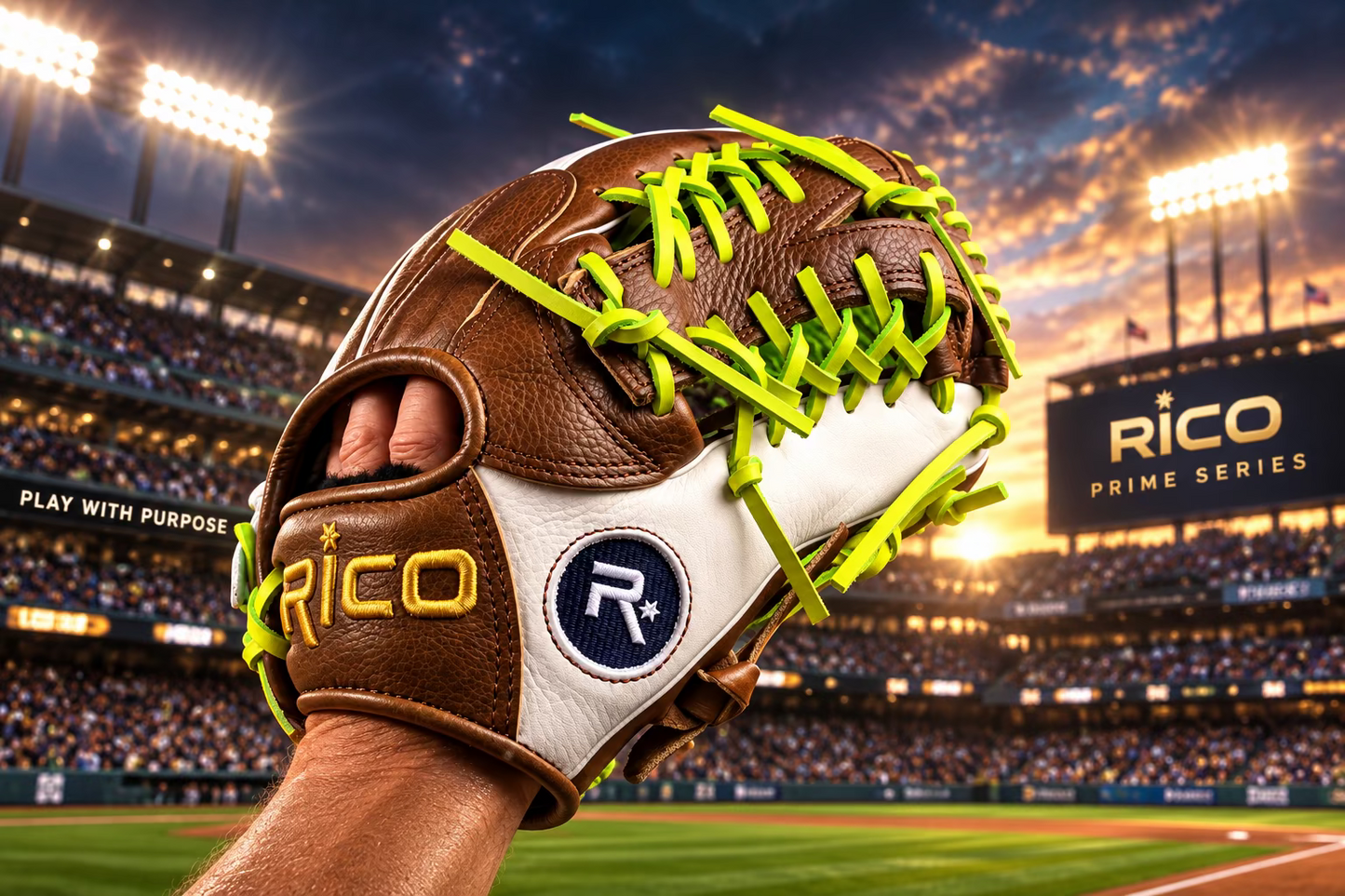 11.50 inch Prime Series youth, right hand thrower, modified trap K web, brown and white, lime green/apple laces.