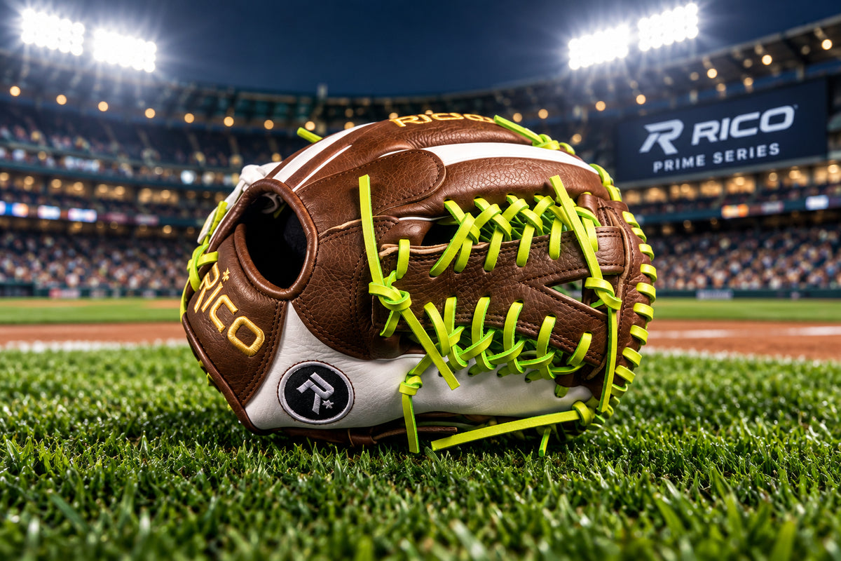 11.50 inch Prime Series youth, right hand thrower, modified trap K web, brown and white, lime green/apple laces.