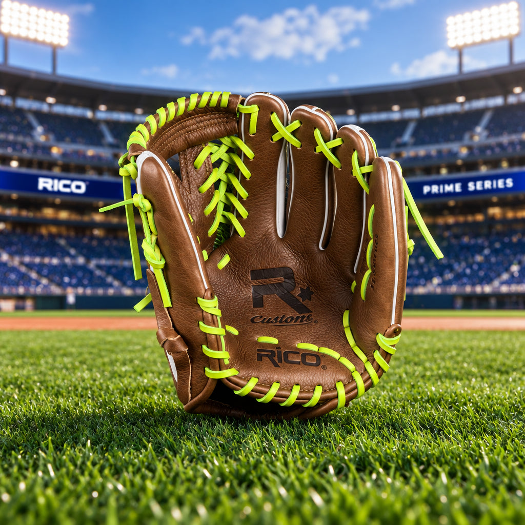 11.50 inch Prime Series youth, right hand thrower, modified trap K web, brown and white, lime green/apple laces.
