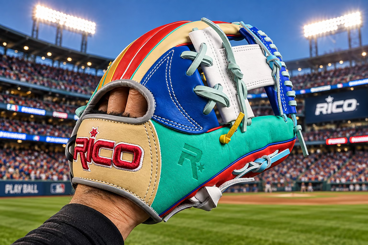 11.75 inch Scrap Glove, right hand thrower, white i web, mint thumb, cream wrist, multi-color glove.