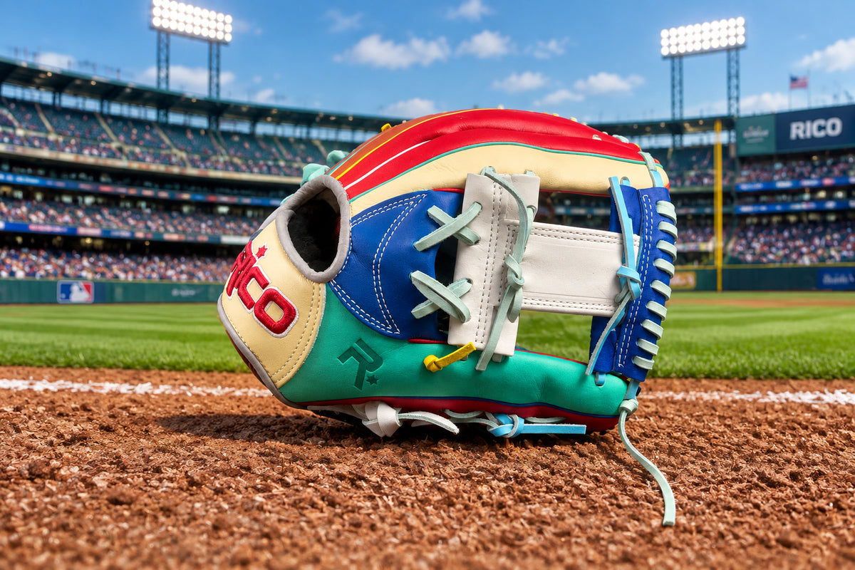 11.75 inch Scrap Glove, right hand thrower, white i web, mint thumb, cream wrist, multi-color glove.