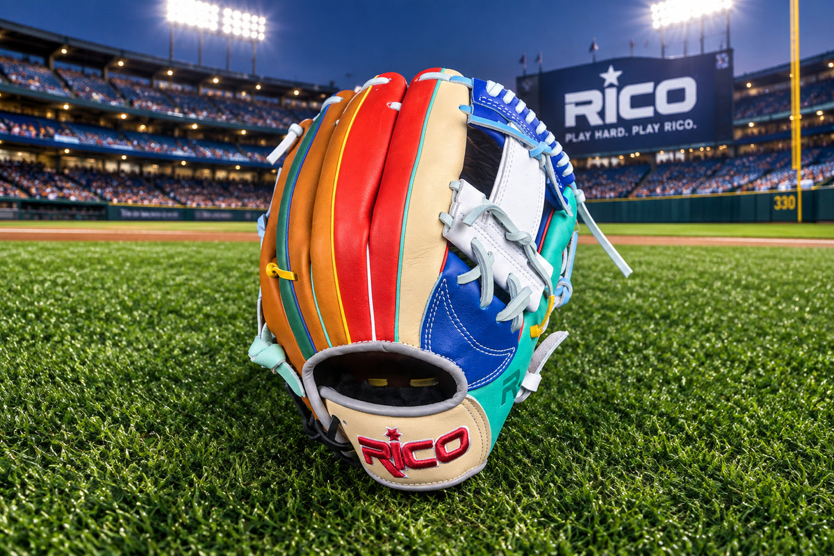11.75 inch Scrap Glove, right hand thrower, white i web, mint thumb, cream wrist, multi-color glove.