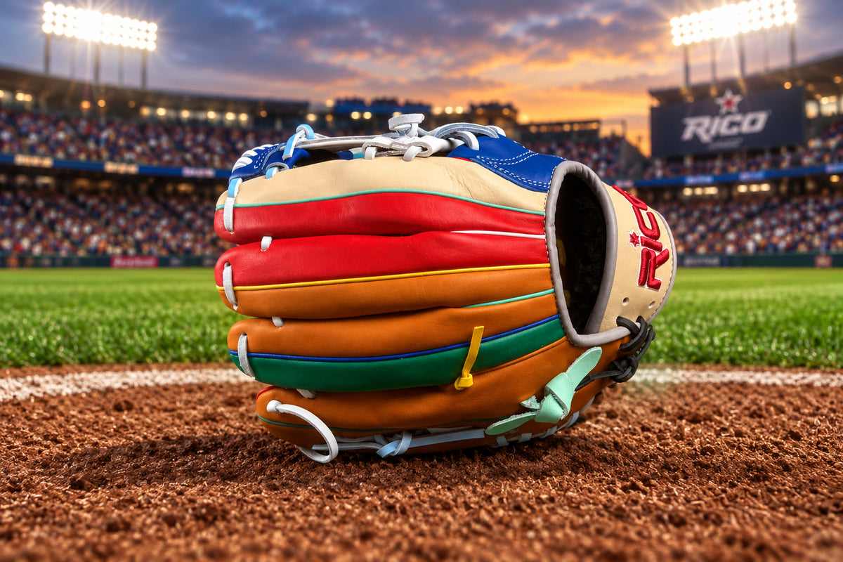 11.75 inch Scrap Glove, right hand thrower, white i web, mint thumb, cream wrist, multi-color glove.