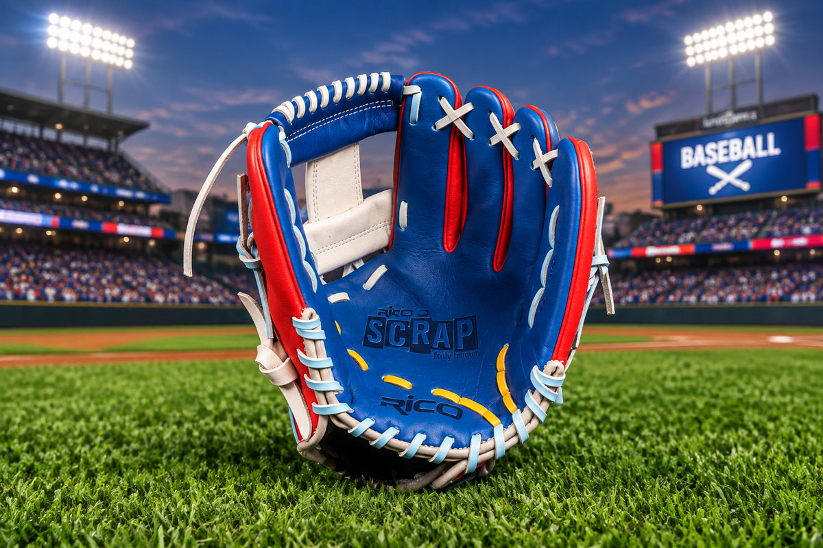 11.75 inch Scrap Glove, right hand thrower, white i web, mint thumb, cream wrist, multi-color glove.