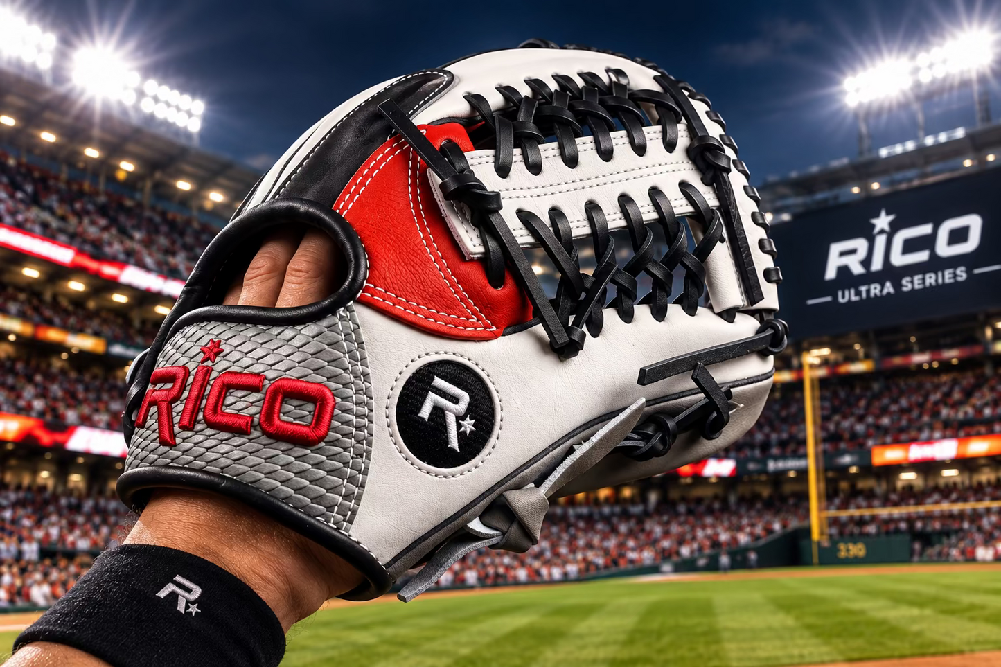 11.75 Ultra Series, right hand thrower, modified trap K web, red palm, white thumb, python grey wrist.