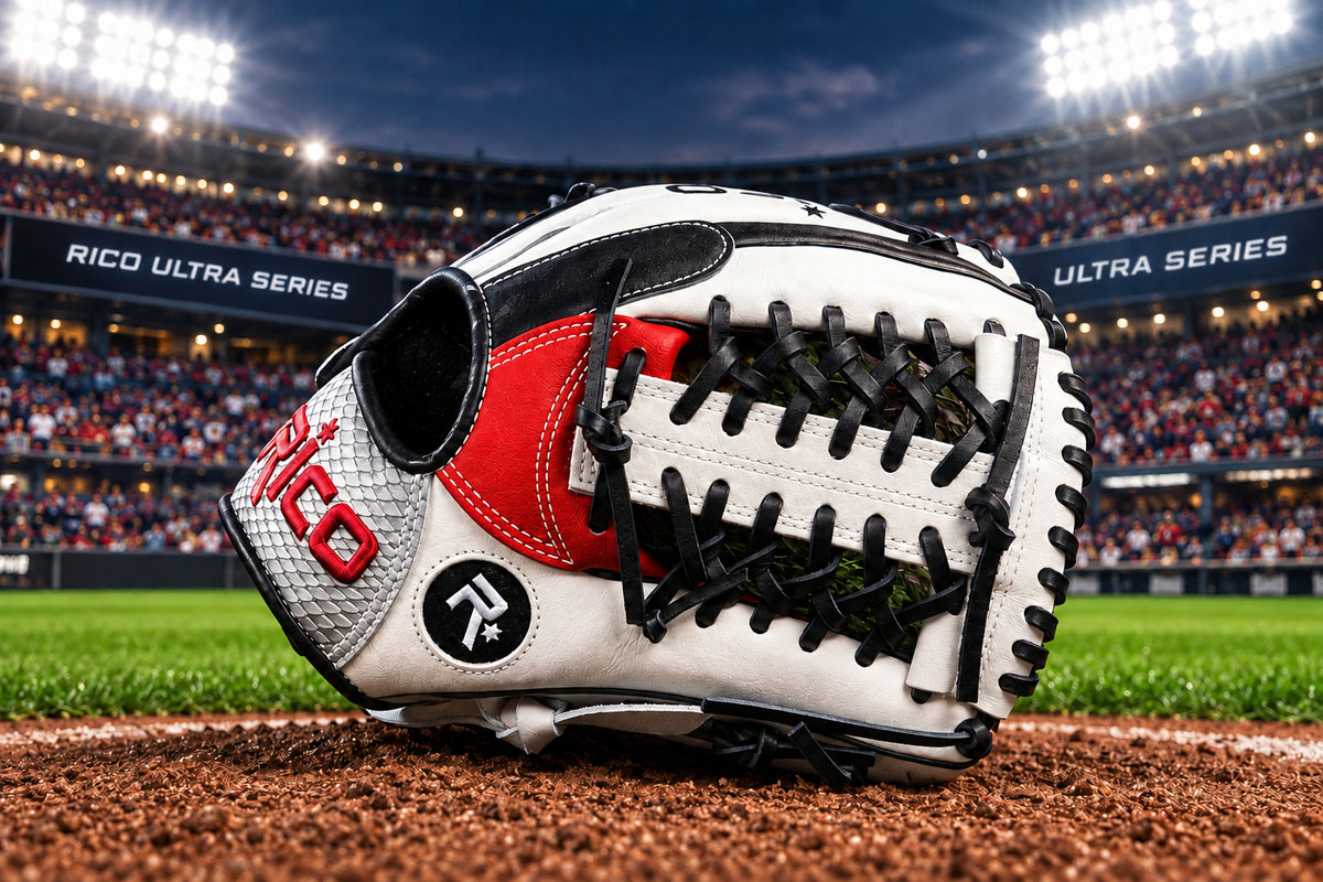 11.75 Ultra Series, right hand thrower, modified trap K web, red palm, white thumb, python grey wrist.