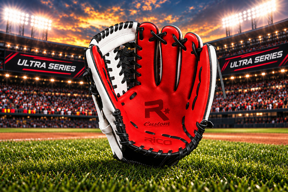11.75 Ultra Series, right hand thrower, modified trap K web, red palm, white thumb, python grey wrist.