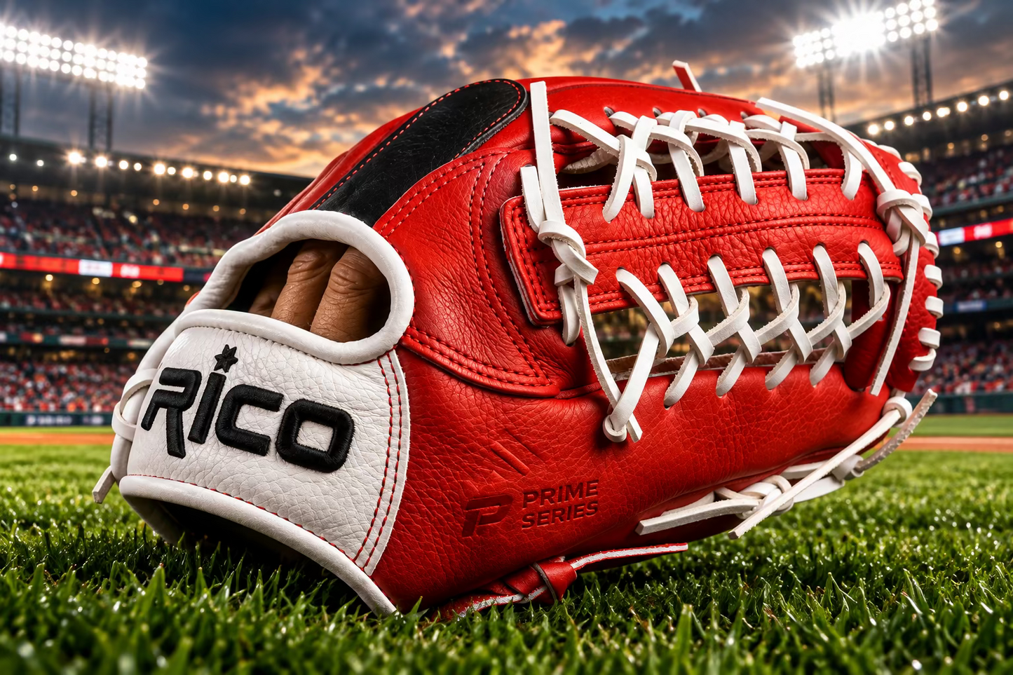 12.50 inch Prime Series, right hand thrower, red, white, and black glove, white wrist and laces.