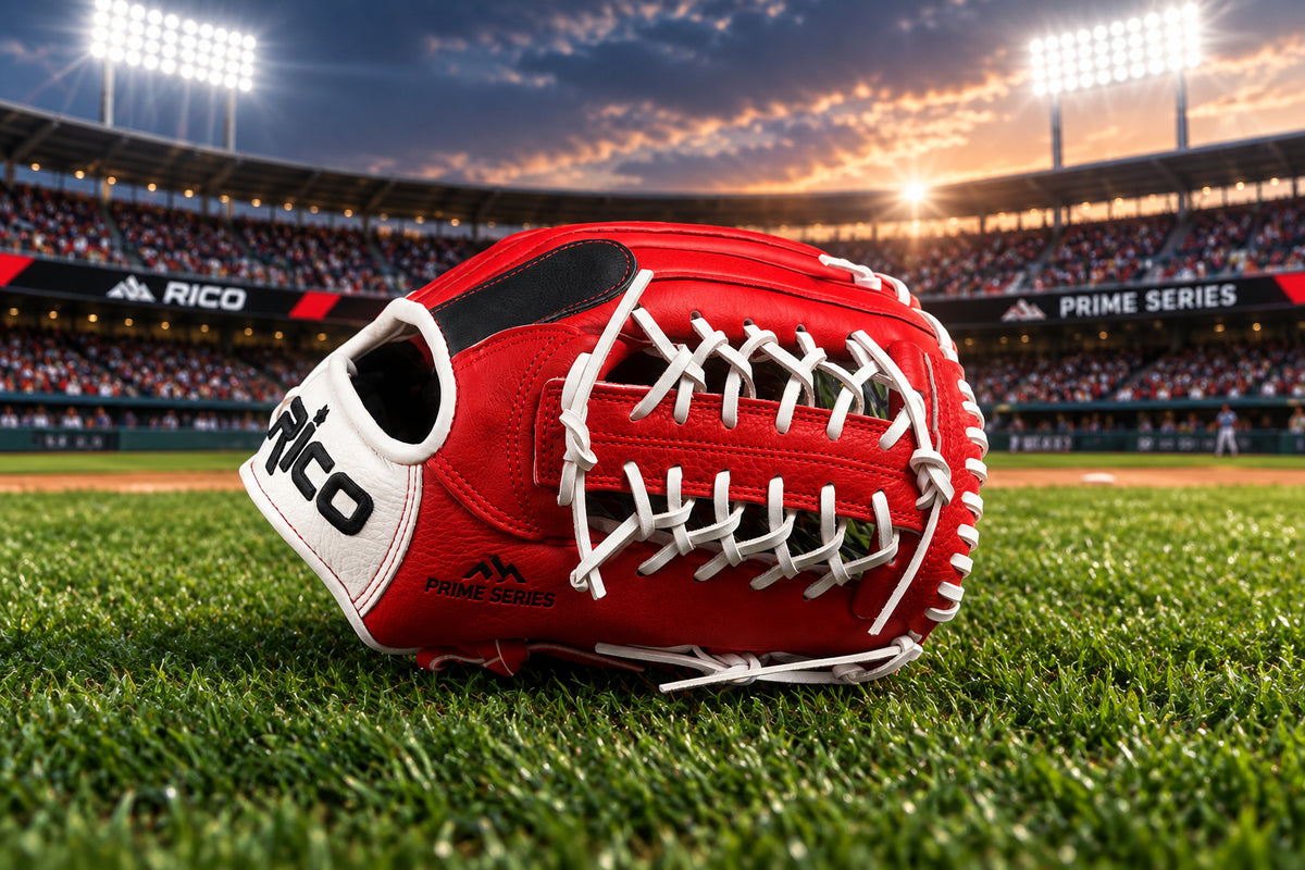 12.50 inch Prime Series, right hand thrower, red, white, and black glove, white wrist and laces.