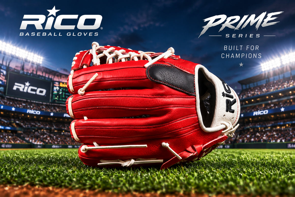 12.50 inch Prime Series, right hand thrower, red, white, and black glove, white wrist and laces.