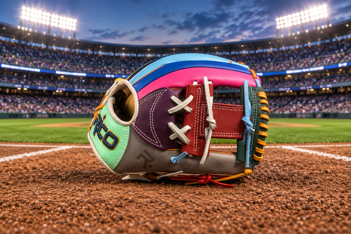 11.5 inch Scrap Glove, right hand thrower, i web, mint wrist, grey thumb, purple palm, multi-color glove.