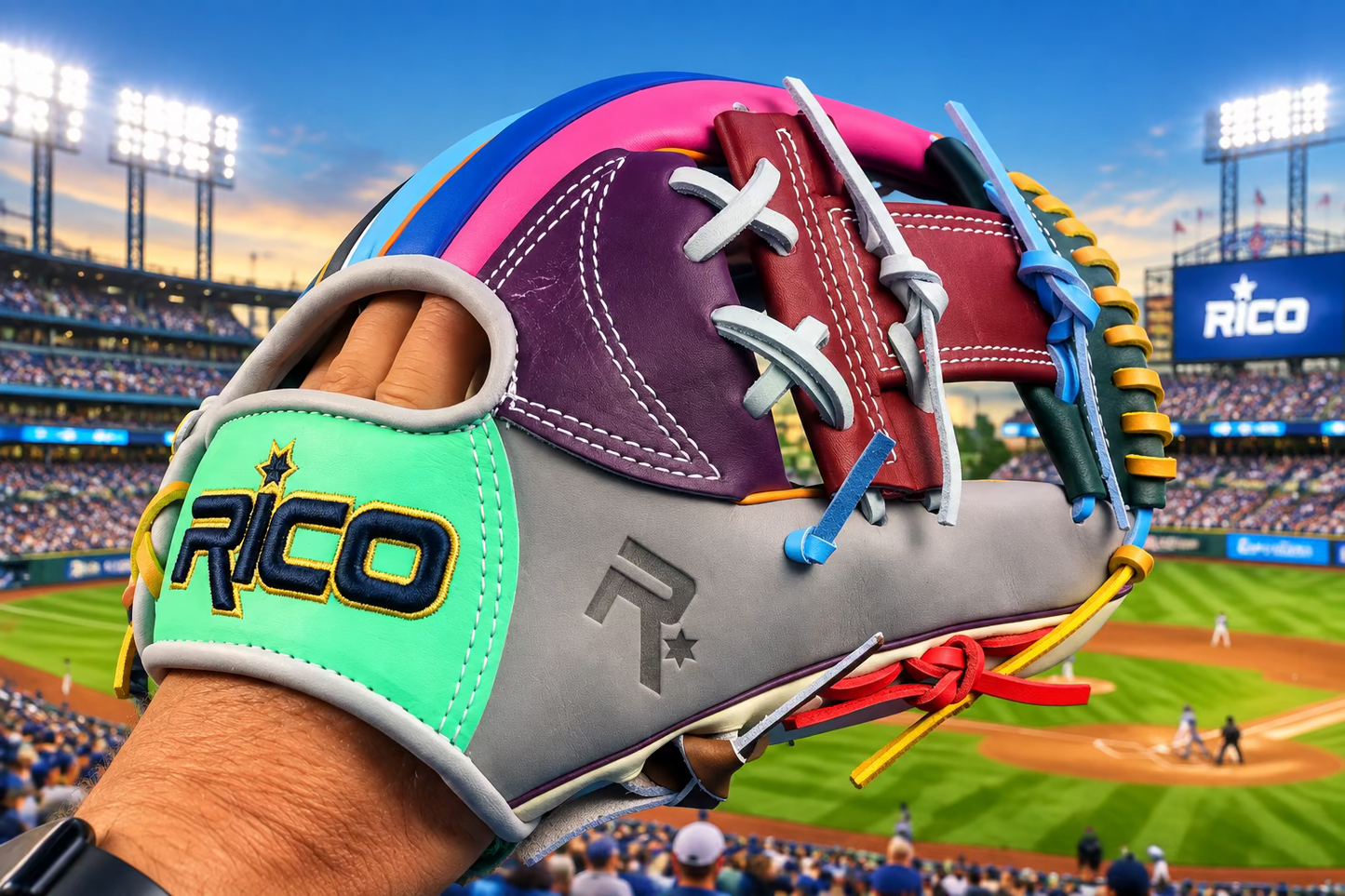 11.5 inch Scrap Glove, right hand thrower, i web, mint wrist, grey thumb, purple palm, multi-color glove.