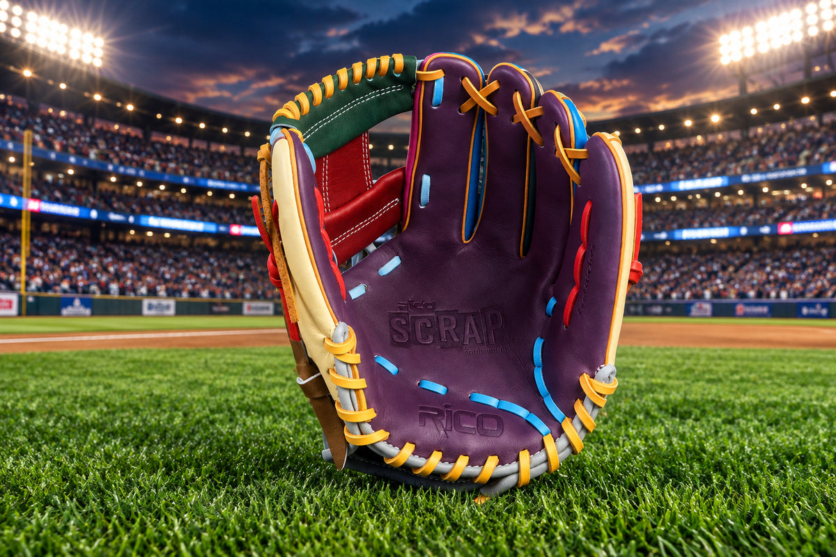 11.5 inch Scrap Glove, right hand thrower, i web, mint wrist, grey thumb, purple palm, multi-color glove.