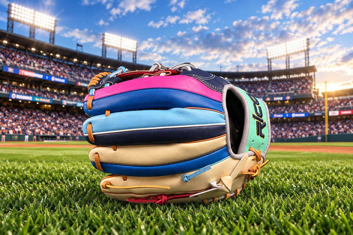 11.5 inch Scrap Glove, right hand thrower, i web, mint wrist, grey thumb, purple palm, multi-color glove.