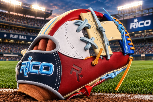 11.5 inch Scrap glove, right hand thrower, sky blue/white Rico wrist logo, maroon thumb, i web, multi-color glove.