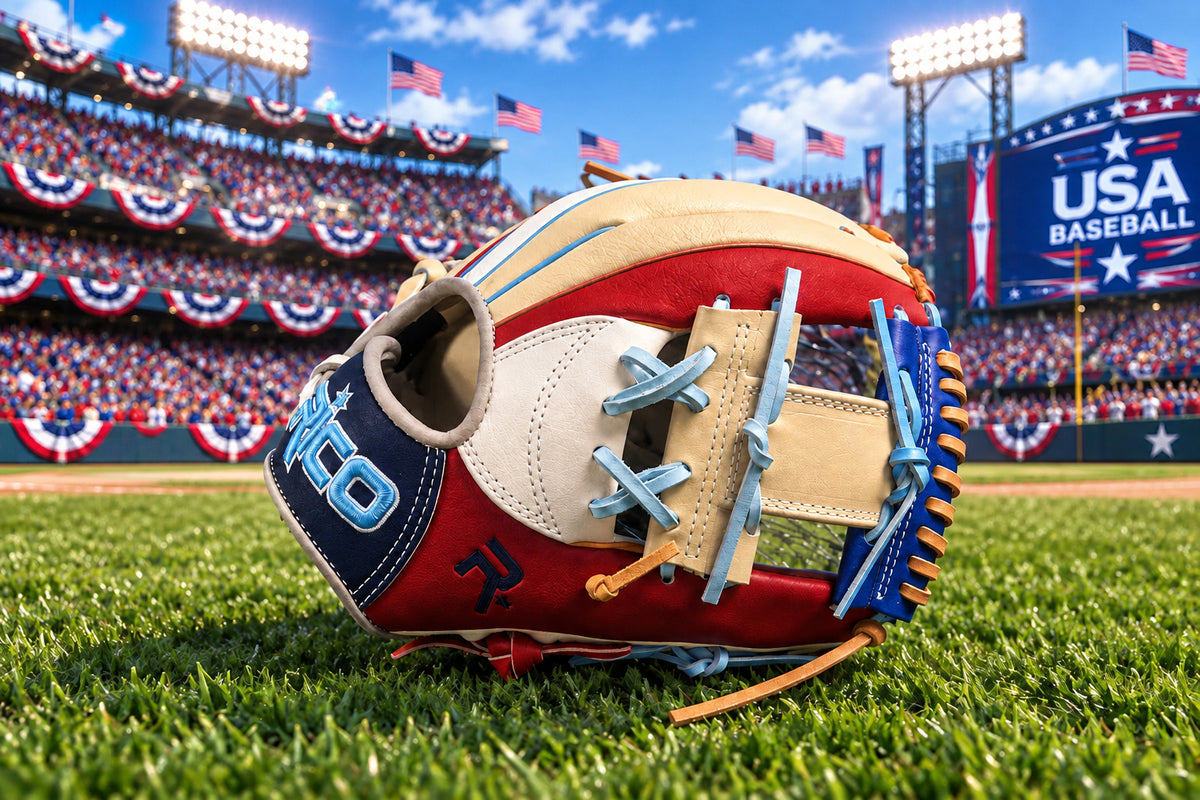 11.5 inch Scrap glove, right hand thrower, sky blue/white Rico wrist logo, maroon thumb, i web, multi-color glove.