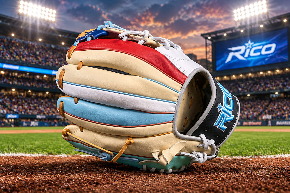 11.5 inch Scrap glove, right hand thrower, sky blue/white Rico wrist logo, maroon thumb, i web, multi-color glove.
