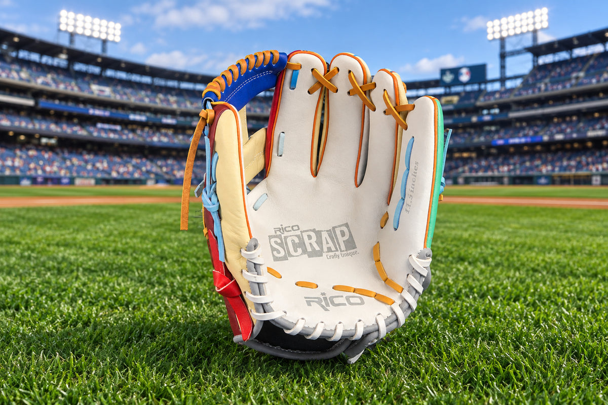 11.5 inch Scrap glove, right hand thrower, sky blue/white Rico wrist logo, maroon thumb, i web, multi-color glove.