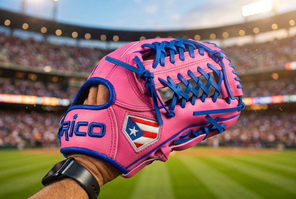 11.75 inch Ultra Series, right hand thrower, pink shell with royal blue laces, welting, and binding.
