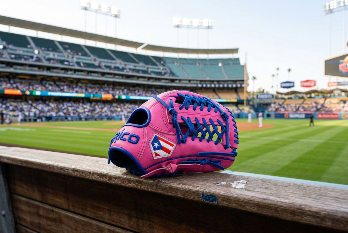 11.75 inch Ultra Series, right hand thrower, pink shell with royal blue laces, welting, and binding.