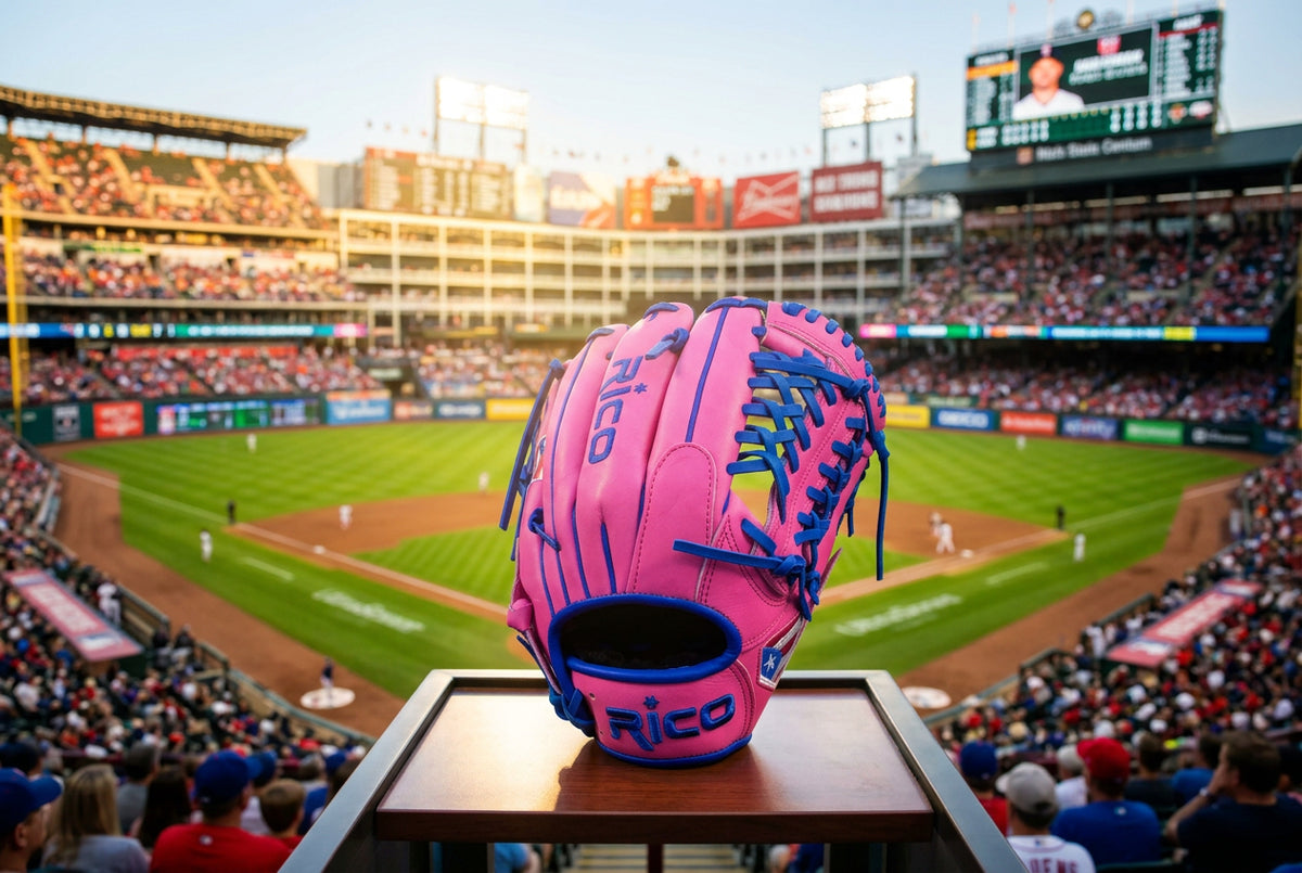 11.75 inch Ultra Series, right hand thrower, pink shell with royal blue laces, welting, and binding.