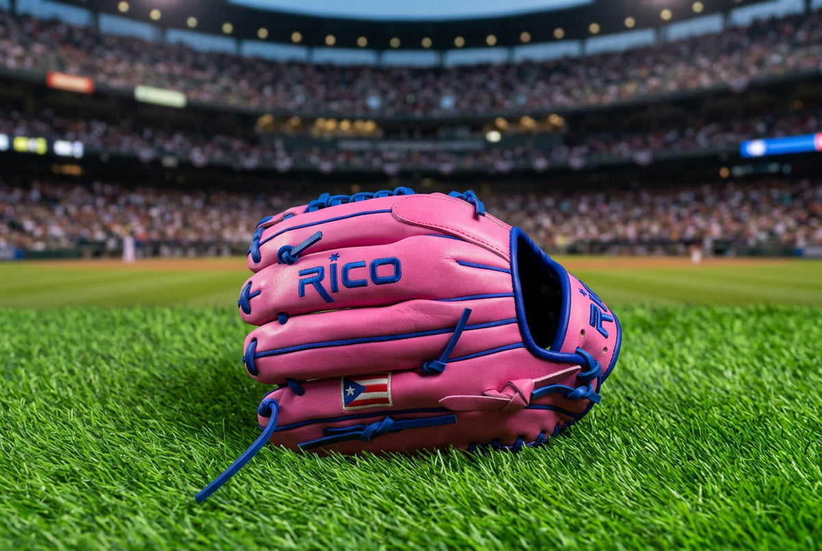 11.75 inch Ultra Series, right hand thrower, pink shell with royal blue laces, welting, and binding.