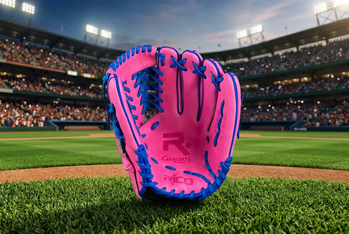 11.75 inch Ultra Series, right hand thrower, pink shell with royal blue laces, welting, and binding.