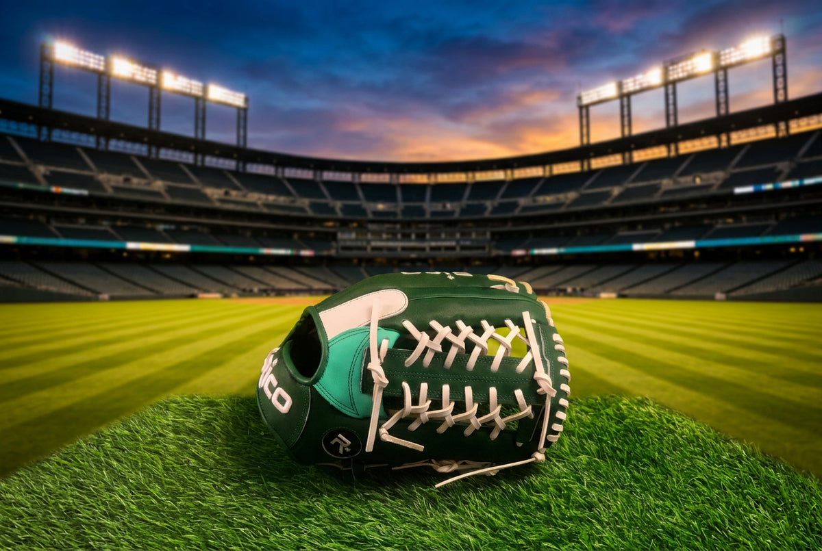 13.25 inch Ultra Series, right hand thrower, green shell, mint palm, white laces and finger pad, mod trap web.