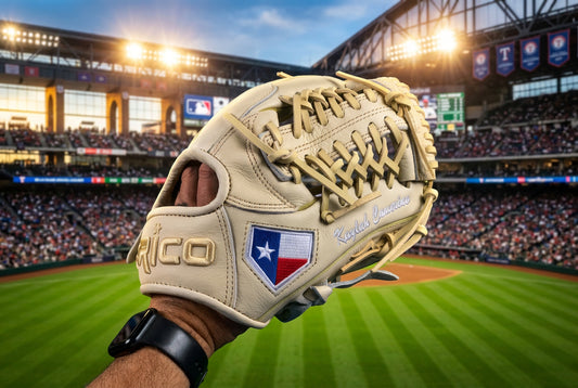 10.75 inch Prime Series, right hand thrower, adult hand opening, cream shell and laces, Texas thumb and pinky flag.