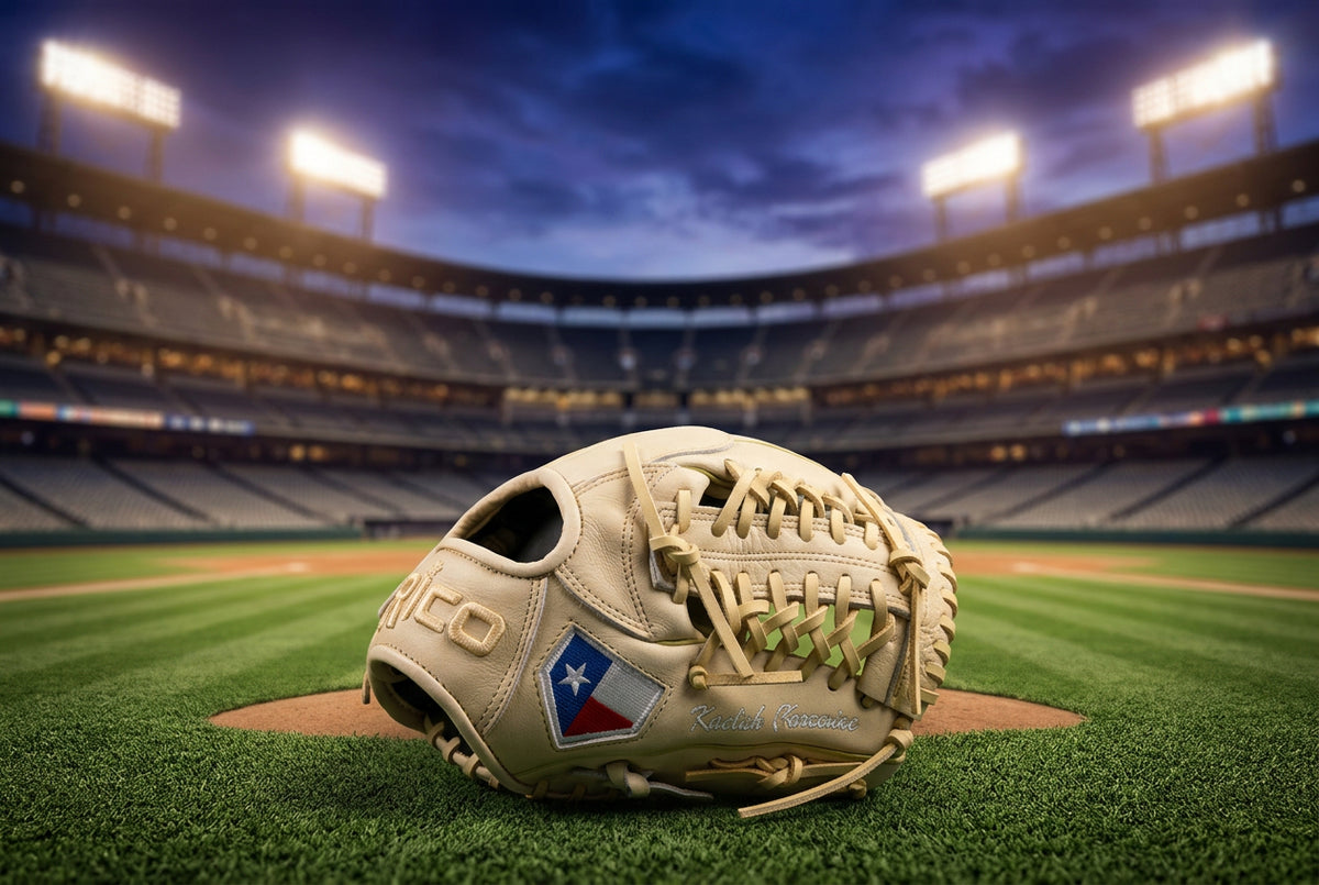 10.75 inch Prime Series, right hand thrower, adult hand opening, cream shell and laces, Texas thumb and pinky flag.