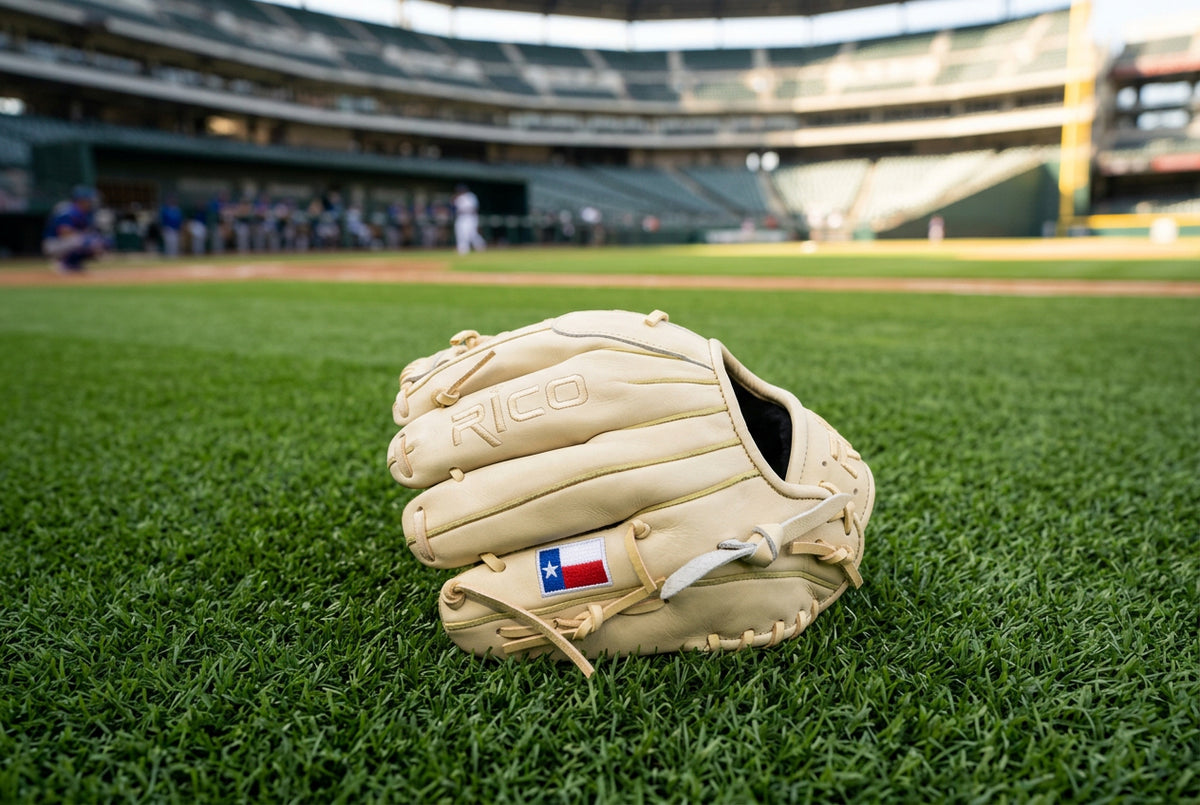 10.75 inch Prime Series, right hand thrower, adult hand opening, cream shell and laces, Texas thumb and pinky flag.