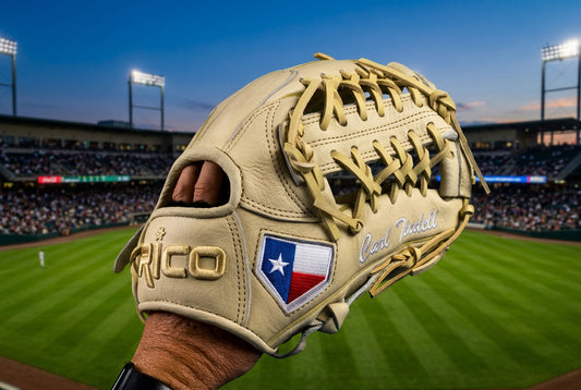 11.50 inch Prime Series, right hand thrower, mod trap web, cream shell and palm, cream laces, Texas flag on thumb and pinky.