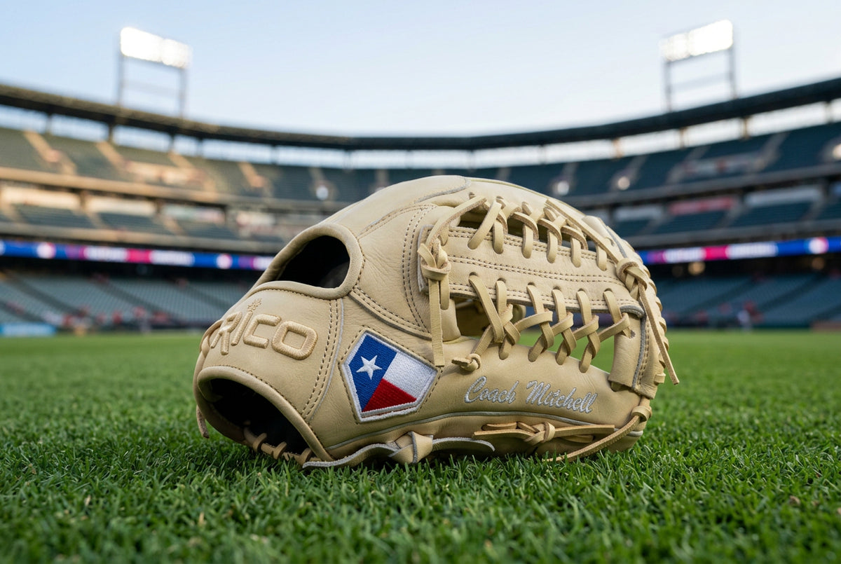 11.50 inch Prime Series, right hand thrower, mod trap web, cream shell and palm, cream laces, Texas flag on thumb and pinky.