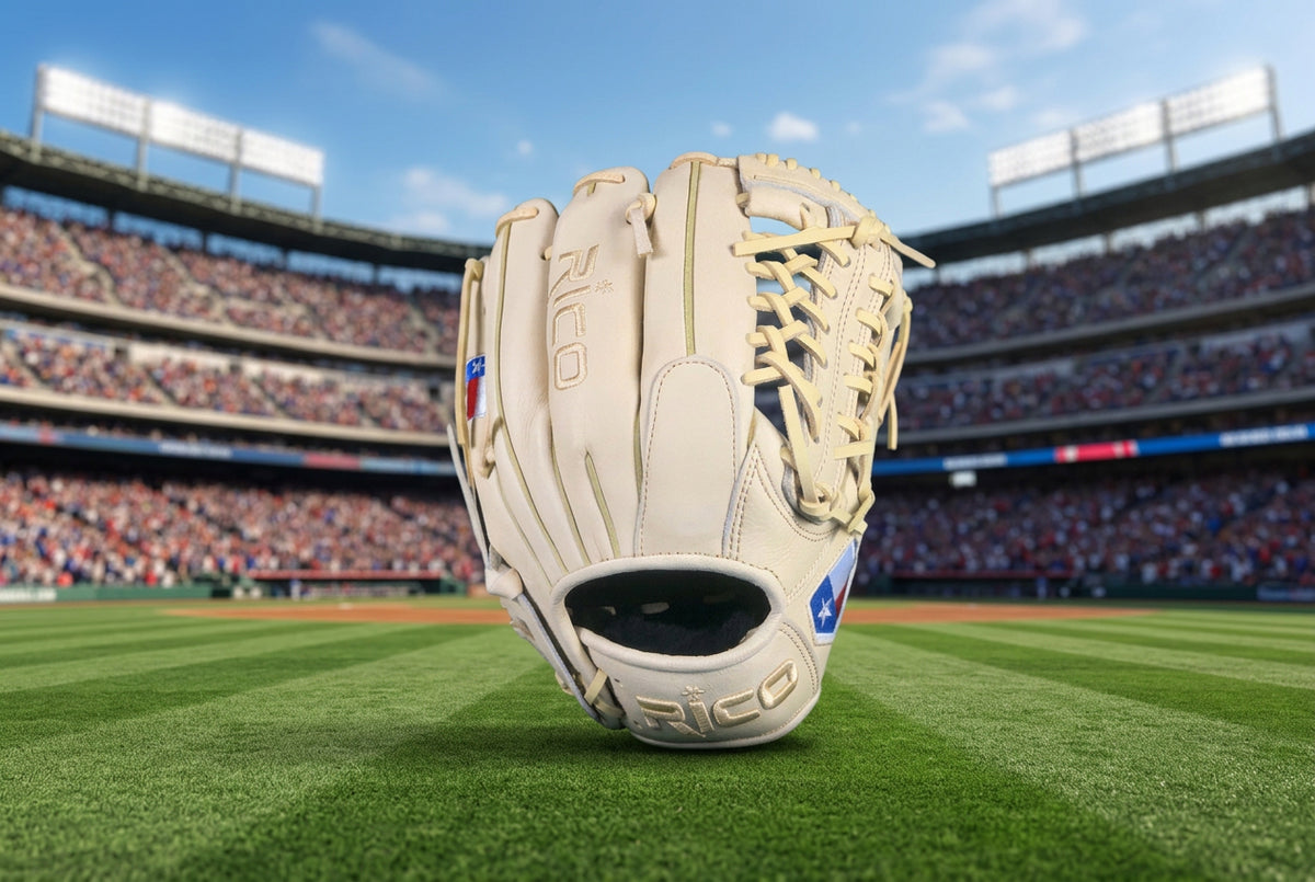 11.50 inch Prime Series, right hand thrower, mod trap web, cream shell and palm, cream laces, Texas flag on thumb and pinky.