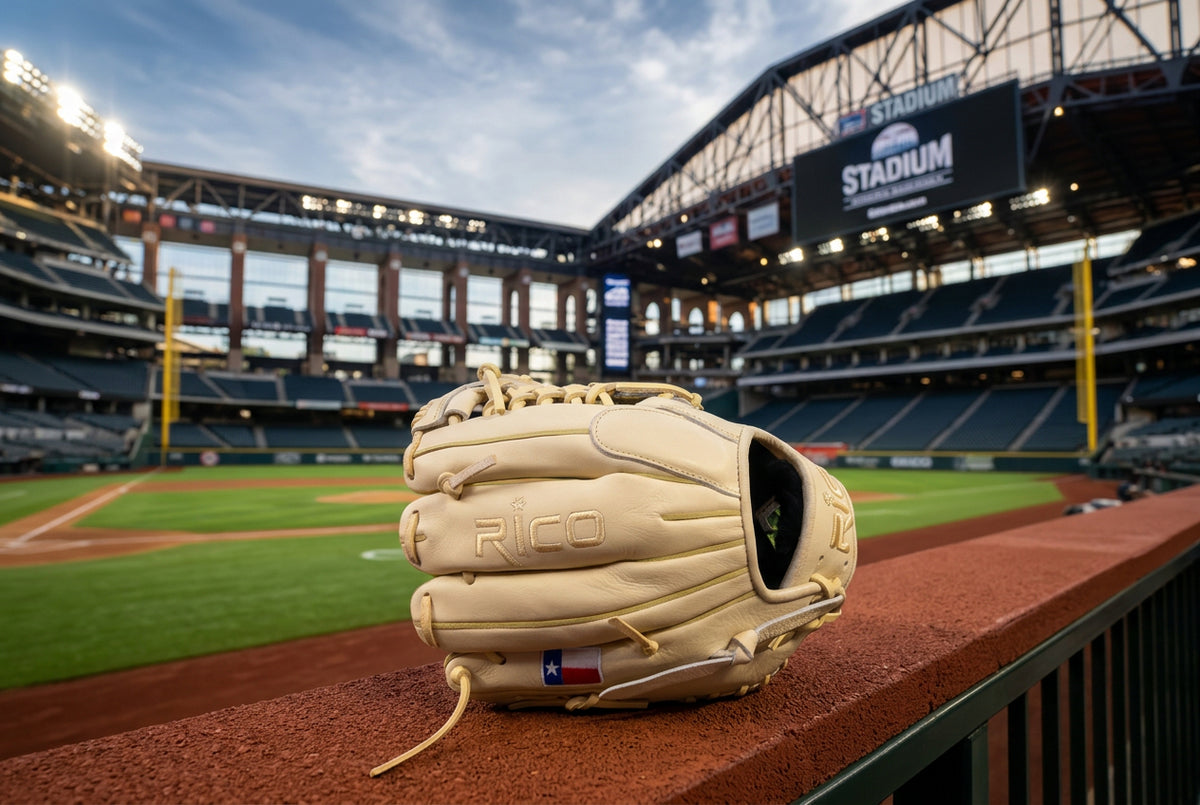 11.50 inch Prime Series, right hand thrower, mod trap web, cream shell and palm, cream laces, Texas flag on thumb and pinky.
