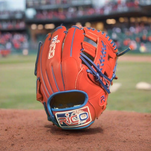 11.75 inch Flash Glove Series, red, royal laces, welting and binding with an X web.