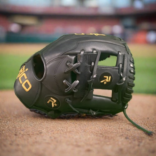 11.5 inch Flash glove, right hand thrower, black, black laces, i web with gold Rico embroidery
