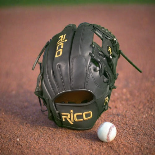 11.5 inch Flash glove, right hand thrower, black, black laces, i web with gold Rico embroidery