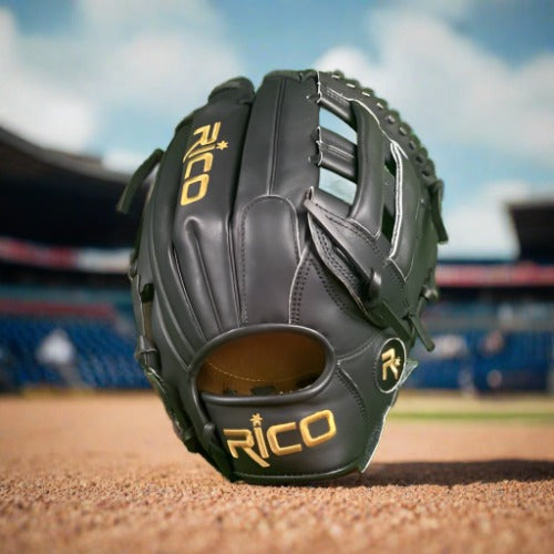 12 inch Flash glove, right hand thrower, black, gold Rico logos, black laces, with H web.