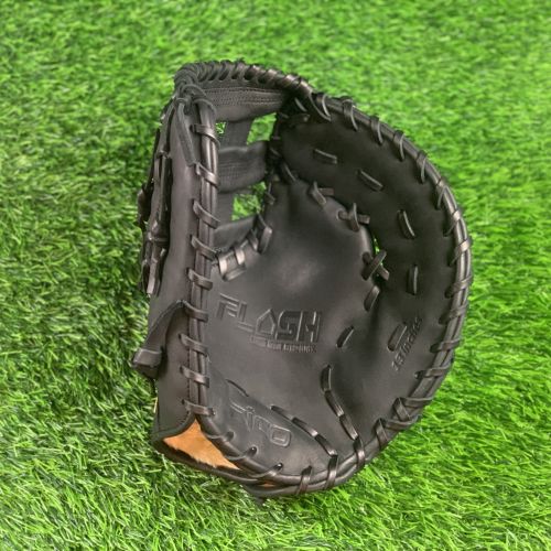 13 inch Flash 1st base mitt, right hand thrower, black, gold Rico embroidery, black laces with an H web.